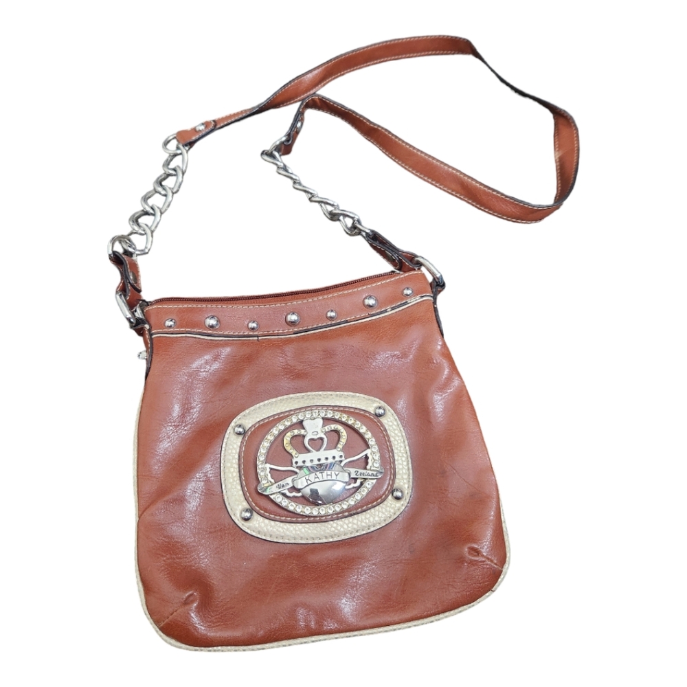 Y2K Vintage Kathy Van Zeeland Brown Studded Chainlink Vinyl Mini Shoulder Bag